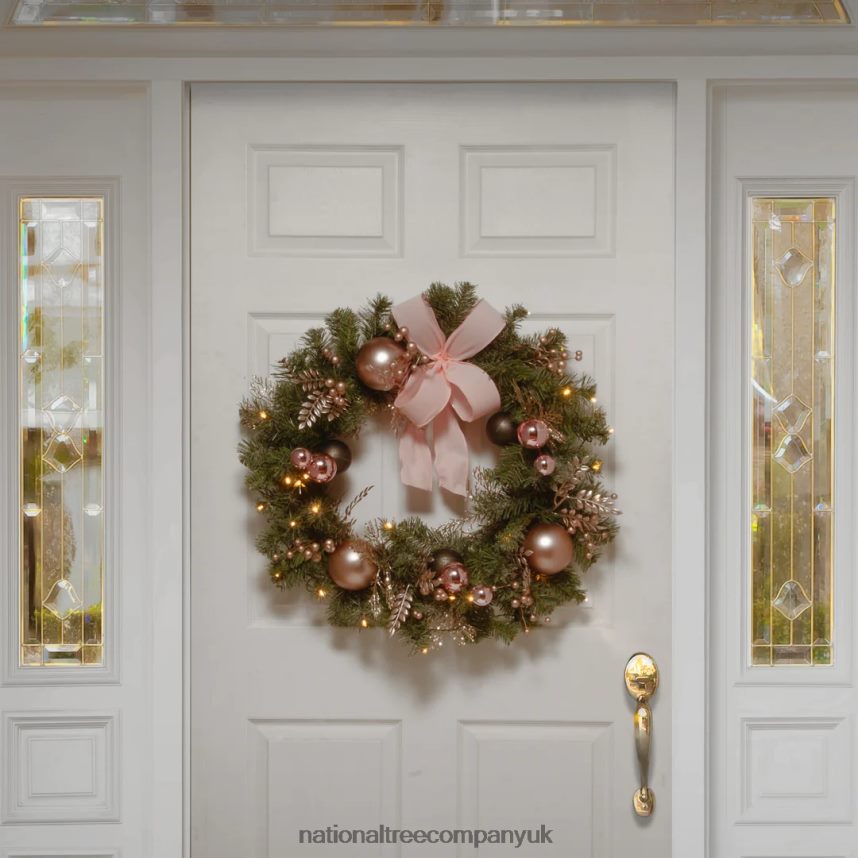 Greenery | National Tree Company Pre-Lit Artificial Christmas Wreath Green Bristle Berry Pine White Lights Decorated with Ball Ornaments Pink Ribbon Bows Twigs Christmas Collection 28 Inches F